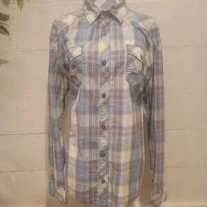 BKE Athletic Fit Button Up Western Shirt Men  XL Blue/Gray/Yellow Long Sleeve.